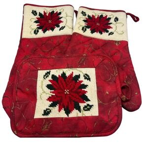 Vintage Christmas Needlepoint Poinsettia Pot Holder Oven Mitt Set‎ 3pc